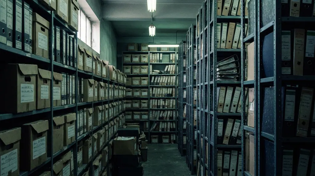 Rows of steel shelving in a records store room packed with archive boxes and lever-arch files