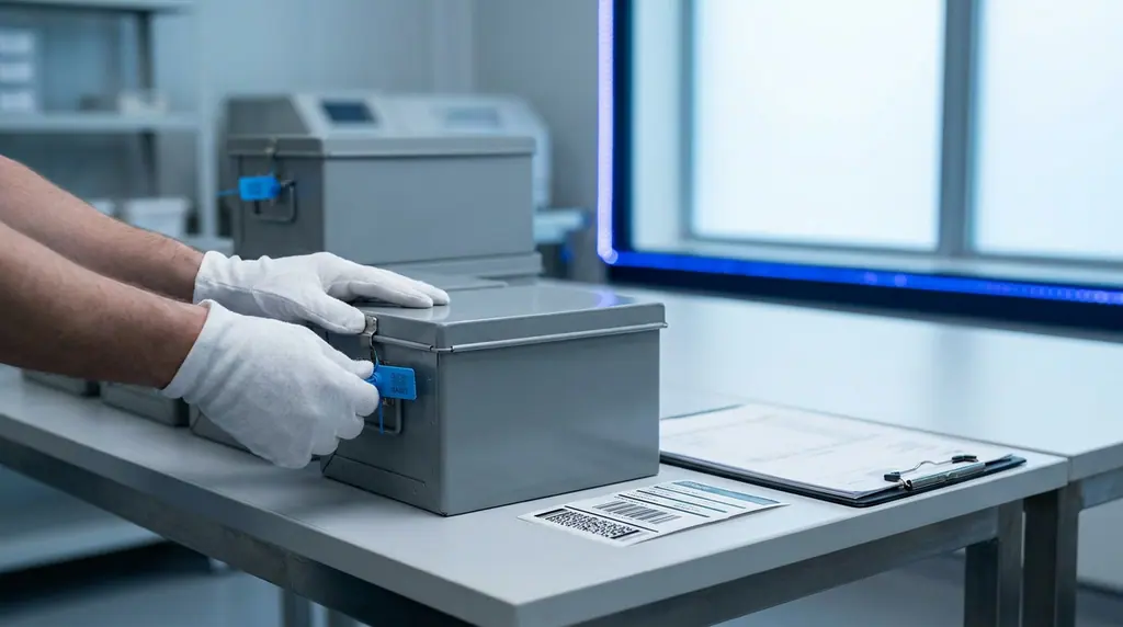 Gloved hands fitting a numbered security seal to a lidded archive container, with a barcode label and manifest alongside