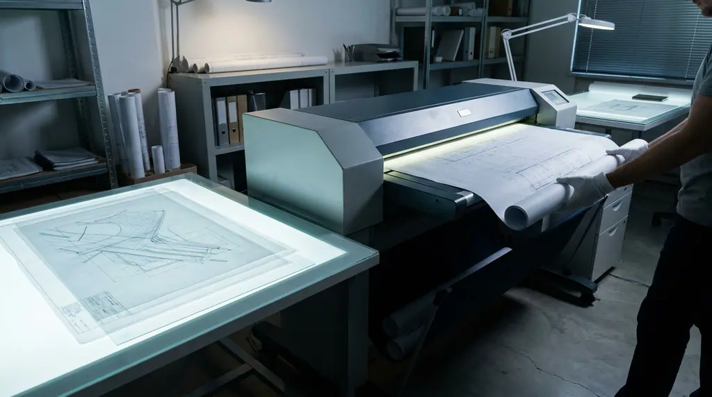 A large rolled architectural drawing being fed through a wide-format roll scanner, with further drawings laid out on a lit light table