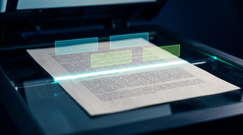Close-up of a document on scanner glass with translucent highlight boxes marking individual data fields being detected