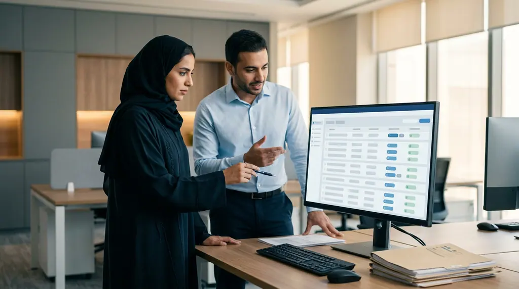 Two colleagues reviewing a list of indexed digital records on a desktop monitor, with paper files on the desk beside them