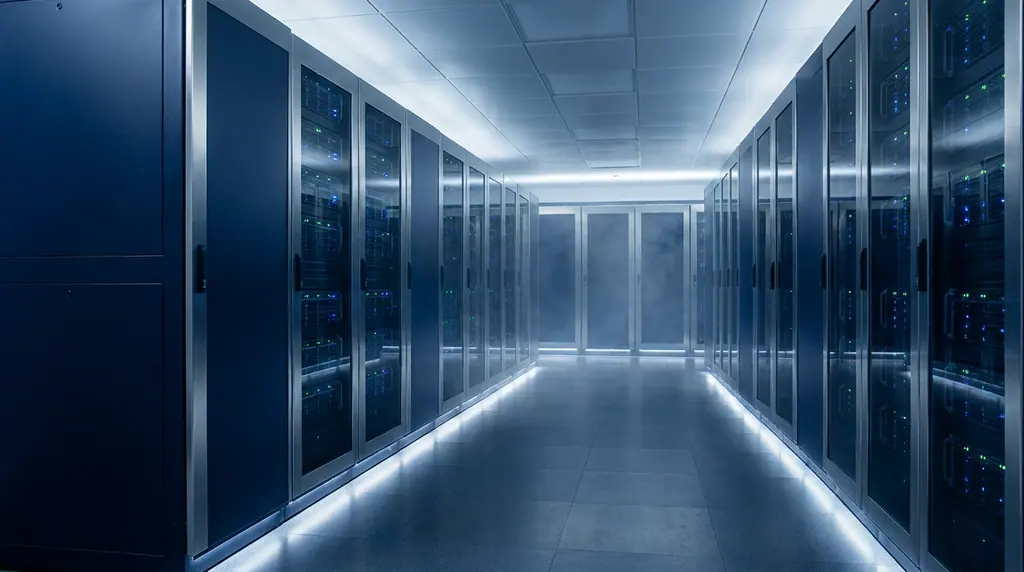 Aisle of server racks with blue and green status lights in a secure data centre