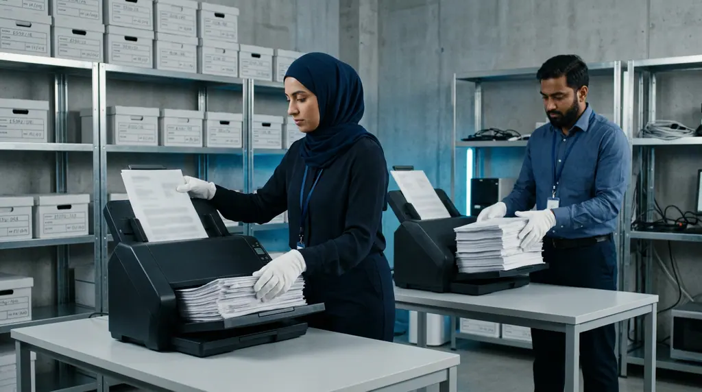 Two operators in white cotton gloves feeding stacks of documents into production sheet-fed scanners in a controlled facility